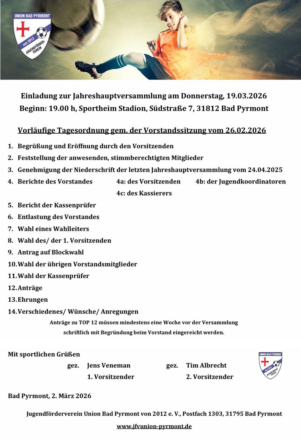 Einladung zur Jahrehauptversammlung 2026